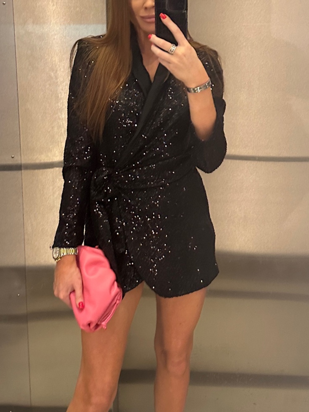 Zara Black Sequin Blazer wrap dress with Satin Collar